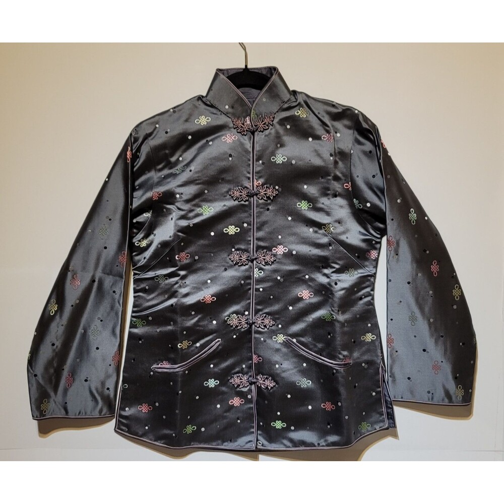 Vintage Tang Jacket Silk Satin Chinese Knot Frog Closure Grey Embroidered Custom